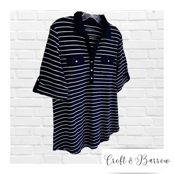 Croft and Barrow Polo Style V-Neck Blue & White Nautical Stripe NWOT - Picture 1 of 8